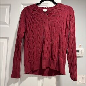 Minnie Rose V-Neck Cable Knit Sweater - Deep Red